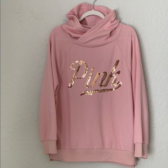 Victoria's Secret Pink Hoodie Funnel Neck Sequins Oversized Sweatshirt Size M - Picture 1 of 7